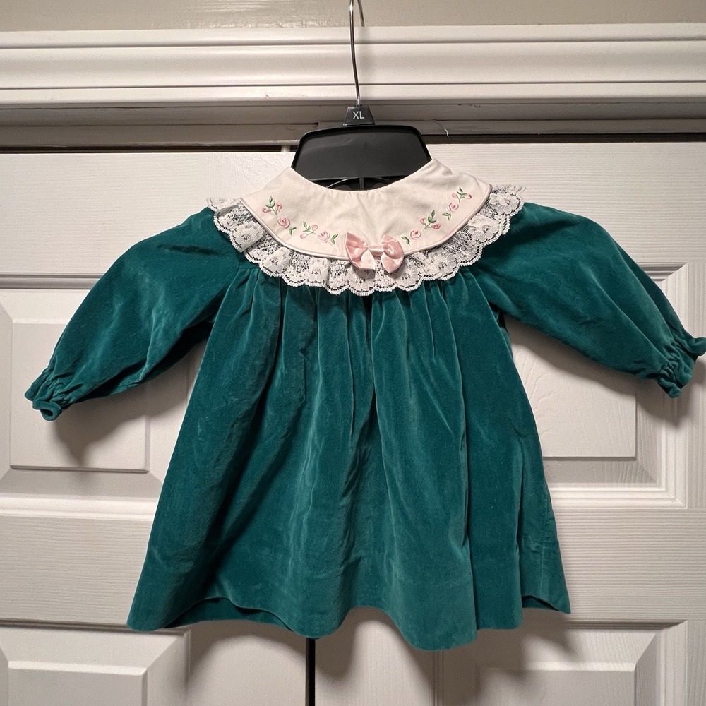 Vintage 1990s Green Velvet Baby Dress With Pink Accents 3-6 Months 100% Cotton